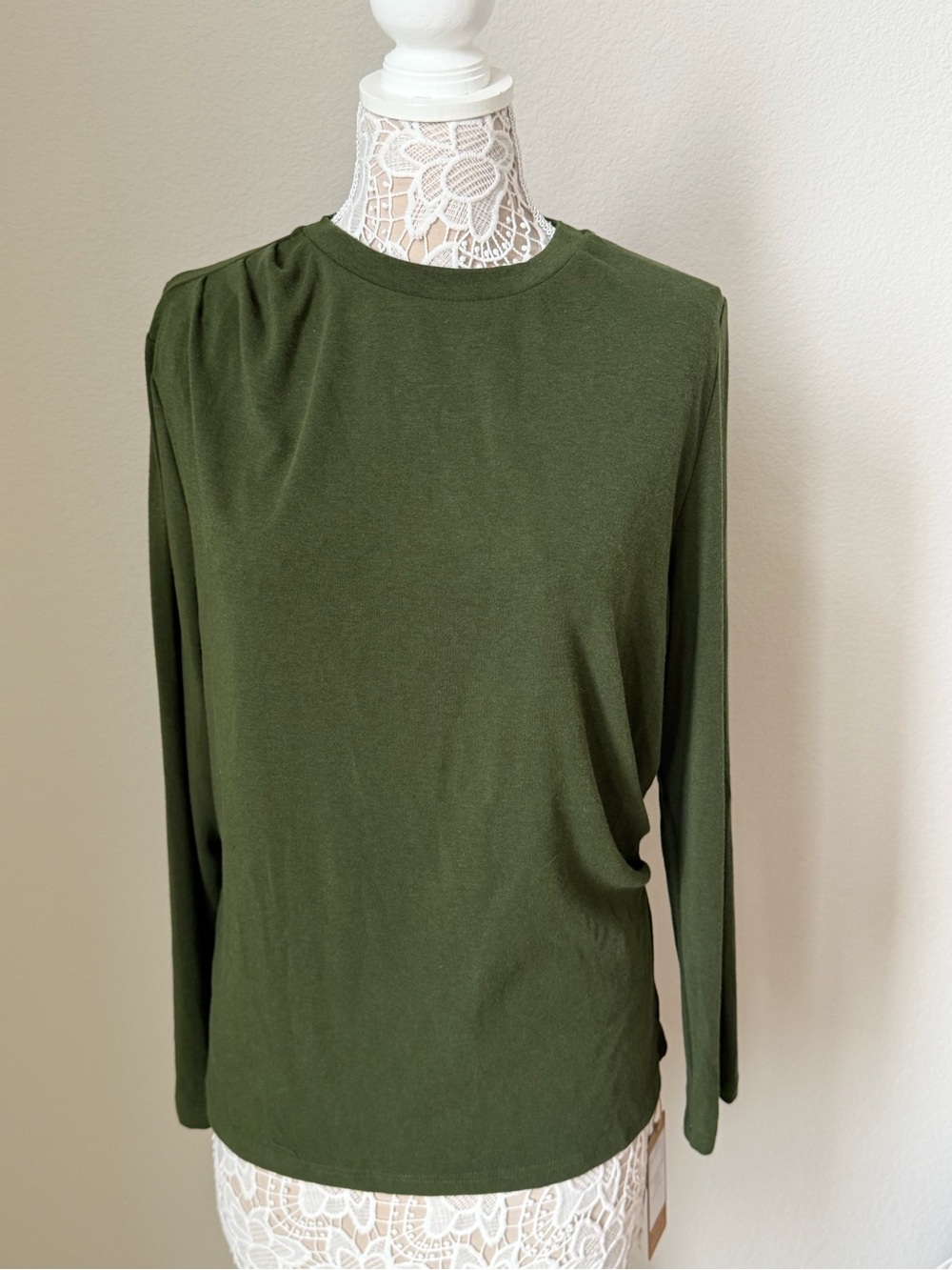 OGL Olive Green Long Sleeve Crew Top with Subtle Shoulder Gather